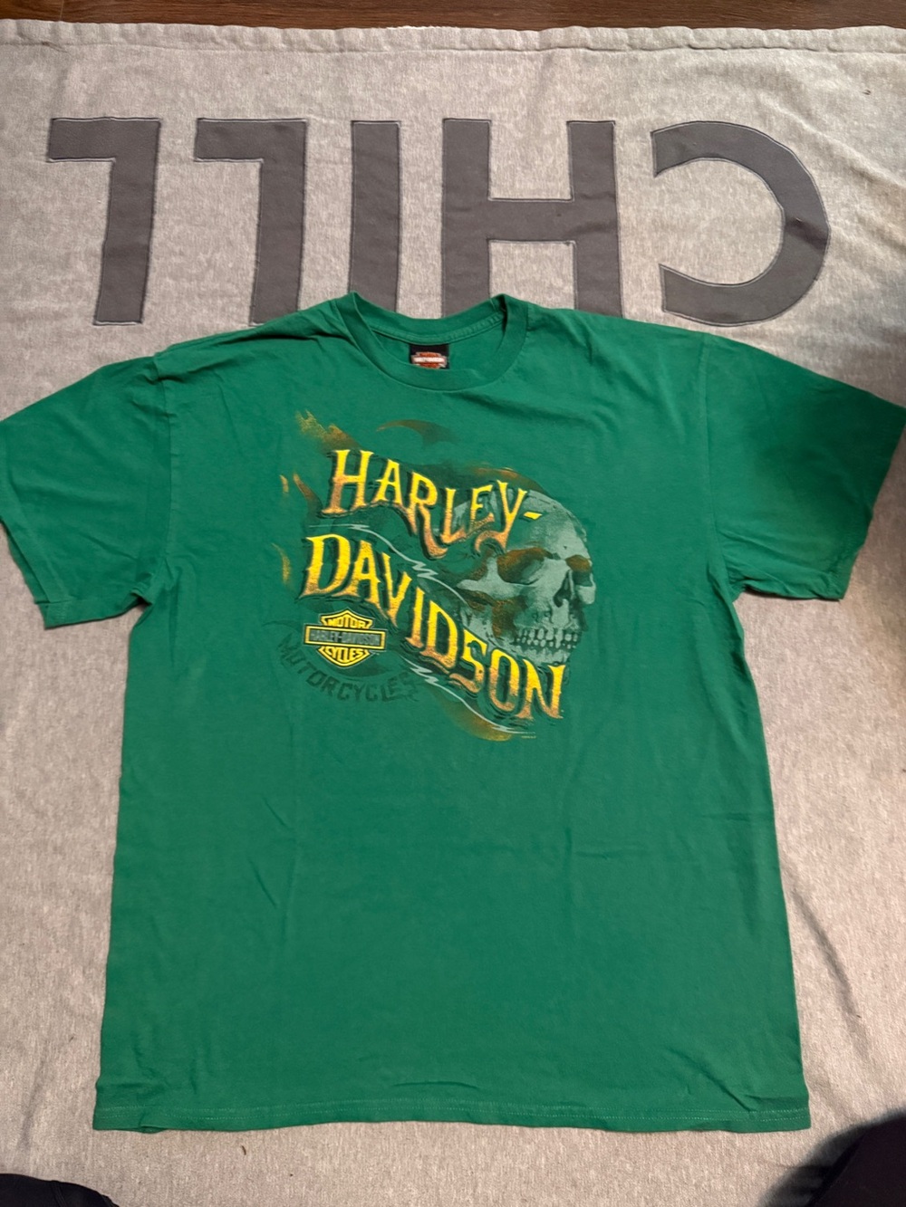 Harley-Davidson Green Short Sleeve Tee with Yellow Logo and Skull Graphic